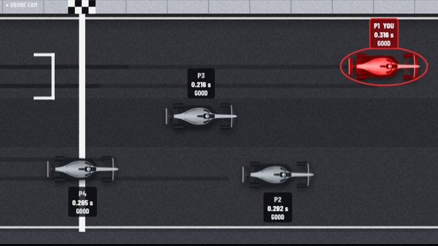 Overhead start: four grey 2026-style cars launching off the grid with reaction times