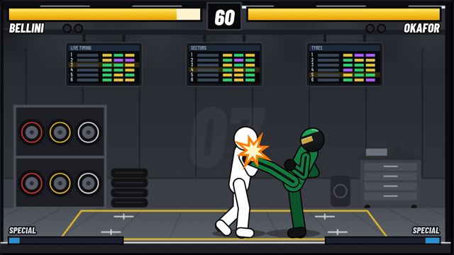 Two drivers in race suits fighting in an empty pit garage